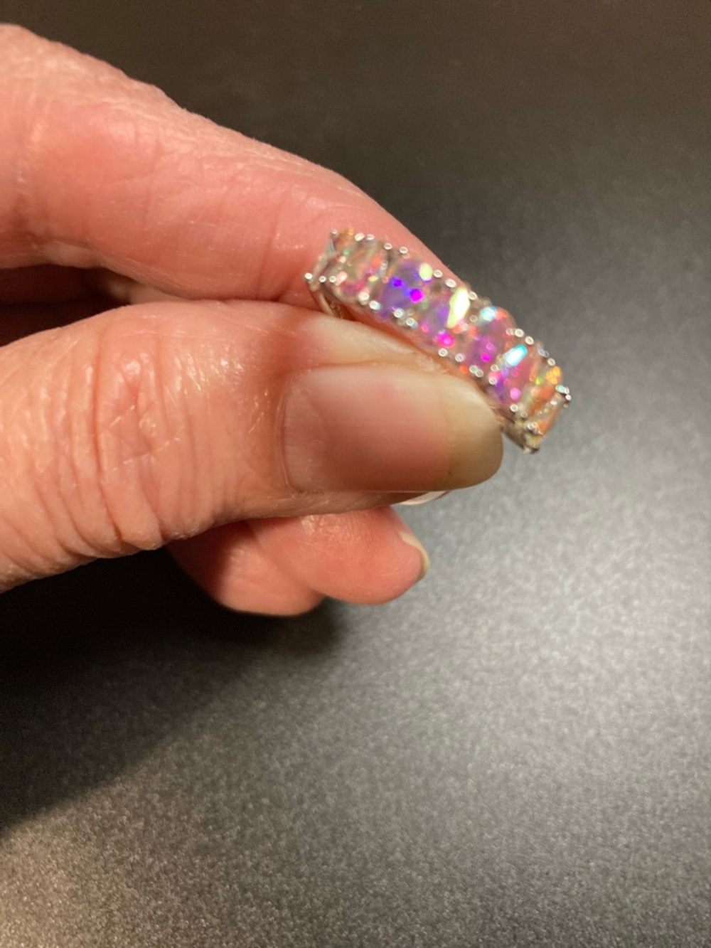 Sterling Silver pear shaped iridescent, rainbow CZ ring.